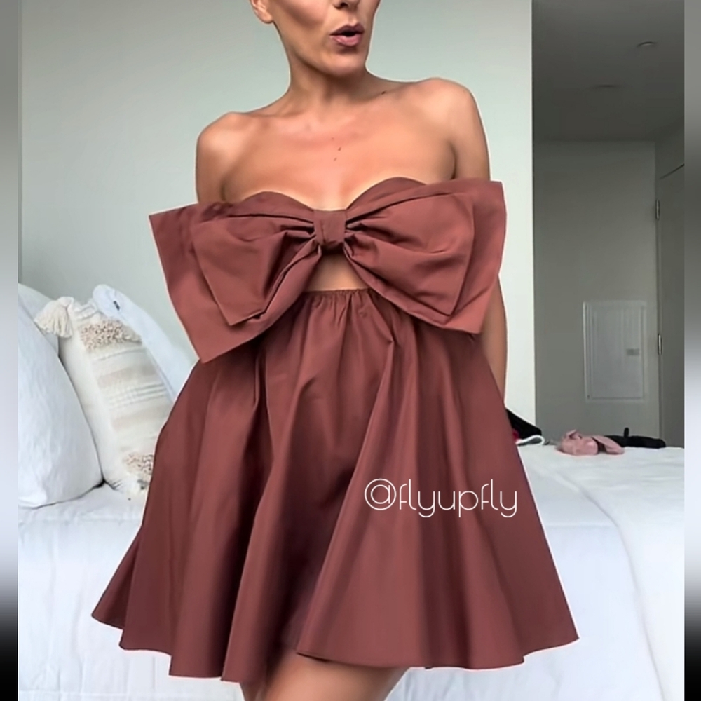 Zara * Bow Mini Dress Brown Size L - Picture 3 of 16